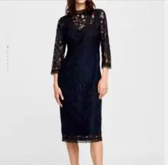 ZARAベイシック　ネイビーレースワンピース