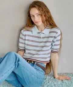 COCO DEAL マルチボーダーポロニット ライトブルー　2 （フリーサイズ）