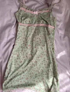花柄キャミワンピース ミントグリーン 水色 ヴィンテージ風 古着 ファンシー