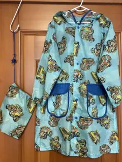 洗える　車柄　レインコート（収納袋付き）ブルー 120-130cm 男の子　梅雨