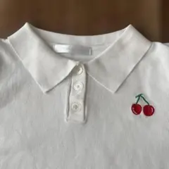 チェリー刺繍 ホワイト パフスリーブ ポロシャツ