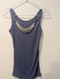 パール装飾 リブタンクトップ ブルーグレー