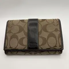 COACH コーチ 二つ折り財布 シグネチャー レザー ベージュ×ブラック