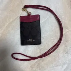 COACH レザー パスケース 黒/赤 ストラップ付き