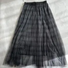 値下げ　グレー系チェック プリーツスカート シアーチュール膝丈スカート