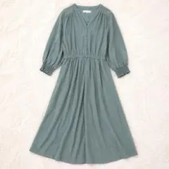 グローブ スキッパーギャザーロングワンピース グリーン フロントボタン付き M