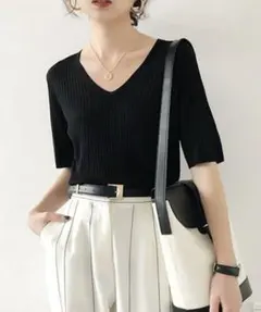 5分袖リブニット夏服トップス レディース