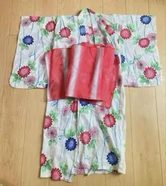 浴衣 帯セット　白色　花柄　赤色帯　5~6才用 100～115cm