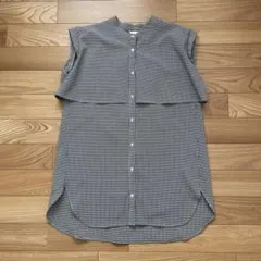 チェック柄 チュニック ノースリーブ シャツ 白 黒 半袖 Tシャツ