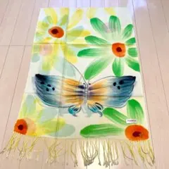パシュミナストール フリンジ付き バタフライ 南国フラワー 水彩画風情