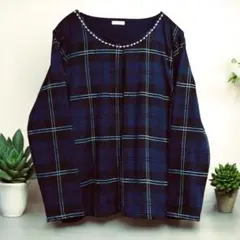 ネイビー系チェック ビーズ装飾 長袖チュニック　裏地付LL SIZE 美品