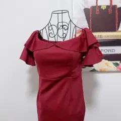 バーガンディ　オフショルダー　フリル　ドレス　オフショル　赤　ナイトドレス