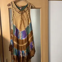 HBエスニック柄刺繍ノースリーブワンピース２枚セット(中は無地カーキ)