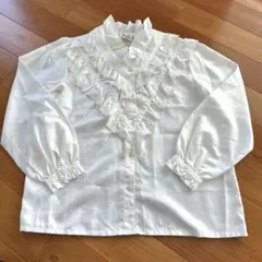 美品ヴィンテージレトロレディースシャツフリル付きホワイトシャツ サイズM