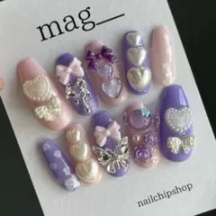 【現品販売】ネイルチップ｜リボン　キラキラ　チェック　推し　パープル　紫　ピンク