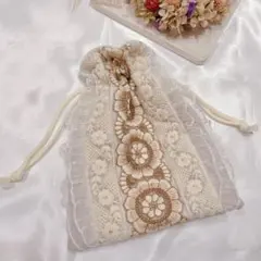 インド刺繍リボン　巾着ポーチ　②