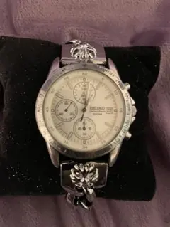 SEIKO クロノグラフ 腕時計 シルバー 100m防水　特注ベルト
