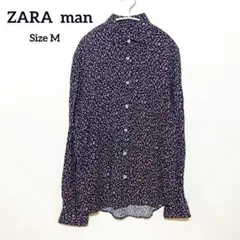 美品 ZARA MAN 総柄 花柄 長袖 シャツ Mサイズ ネイビー