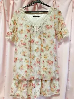 ワンウェイ　花柄　レース　ビジュー　半袖　トップス ブラウス　チュニック