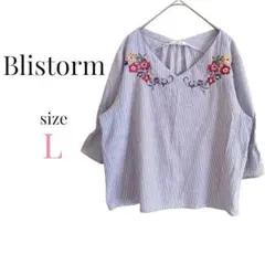 Blistorm【L】花 刺繍シャツブラウス　Vネック　ストライプキャンディー袖のサムネイル