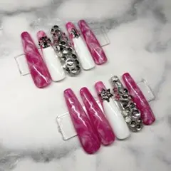 【33】ピンクマーブル Y2K 埋めつくしネイル 大理石 メタルパーツ シルバー