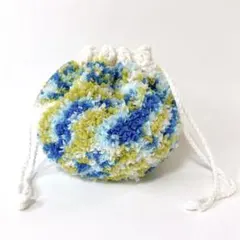 フラワー巾着　丸底　ハンドメイド　編み物　ブルー