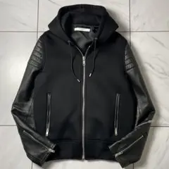 美品 GIVENCHY 袖レザー ジップアップ パーカー羊革 ブラック 46