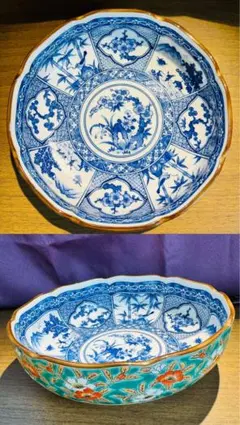 古伊万里風染付　南風窯　盛り鉢　緑彩山茶花盛鉢　金彩　1点