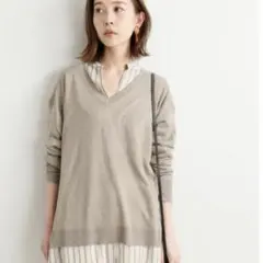 美品 IENA シルク混 薄手Vネックニット 春 ライトベージュ オーバーサイズのサムネイル