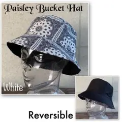 送料込 帽子 ペーズリー バケハ バンダナ 柄 バケットハット リバーシブル 白
