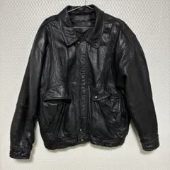 ヴィンテージ レザージャケット ブルゾン 本革 羊革 黒 L 裏地チェック