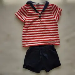 プチバトー　赤ストライプTシャツとネイビー半ズボンセット　12month