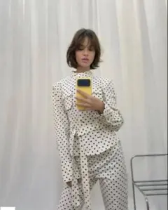 ZARA】ザラ S バックリボン付き ドットプリントブラウス 黒 完売品