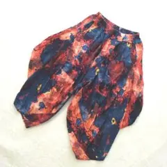 サルエルパンツ Wゴム イージーパンツ 総柄 麻25% 清涼リネン 赤紺 兼用
