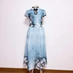 チャイナ デザイン ワンピース ドレス パーティー 花柄 フレア スタンドカラー