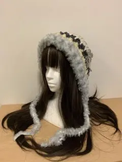 バラクラバ ボンネット ニット帽子 y2kファー　グランジ アクセサリー付き