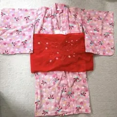 浴衣 130 リボン ピンク 白 帯付き ドット かわいい ギャル レトロ 