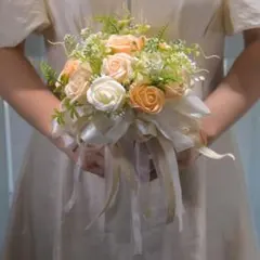 オレンジホワイト造花ウェディングブーケ