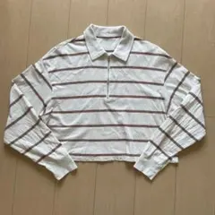 【M】GU ジップアップクロップドシャツ　ボーダー