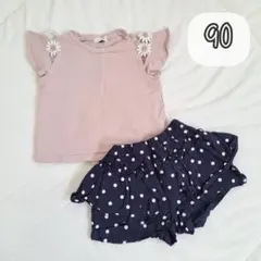 Seraph セラフ ピンク花柄カットソー 水玉キュロット 2点セット 90