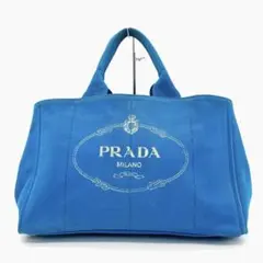 大型【PRADA】カナパL トートバッグ　三角ロゴプレート　キャンバス　ブルー