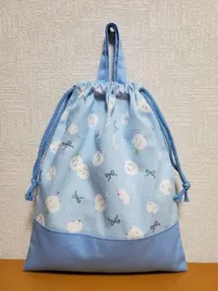 持ち手付き巾着袋 上靴入れ お道具袋 Bシマエナガとリボン そら