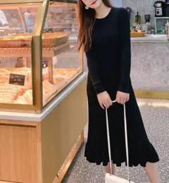 無地　L　レディース　ロングニットワンピース　秋冬　ブラック　長袖　女性　お出か