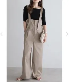 BONJOUR SAGAN ハイウエストワイドサロペット　ベージュ