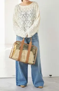 Spick&Span ギマコットン透かし編みボートネックニット　ホワイト
