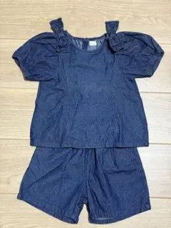 petitmainデニム風フリル付きトップス&ショートパンツセット