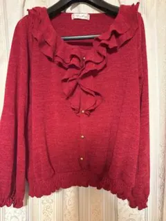赤　フリル　長袖ニット L