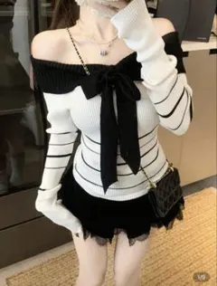 オフショルダー ストライプ ニットセーター SHEIN GRL