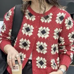 CPCM クロシェ風カーディガン 赤 花柄 古着 薄手 春夏秋