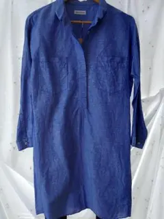 青色 シャツワンピース 長袖 2ポケット